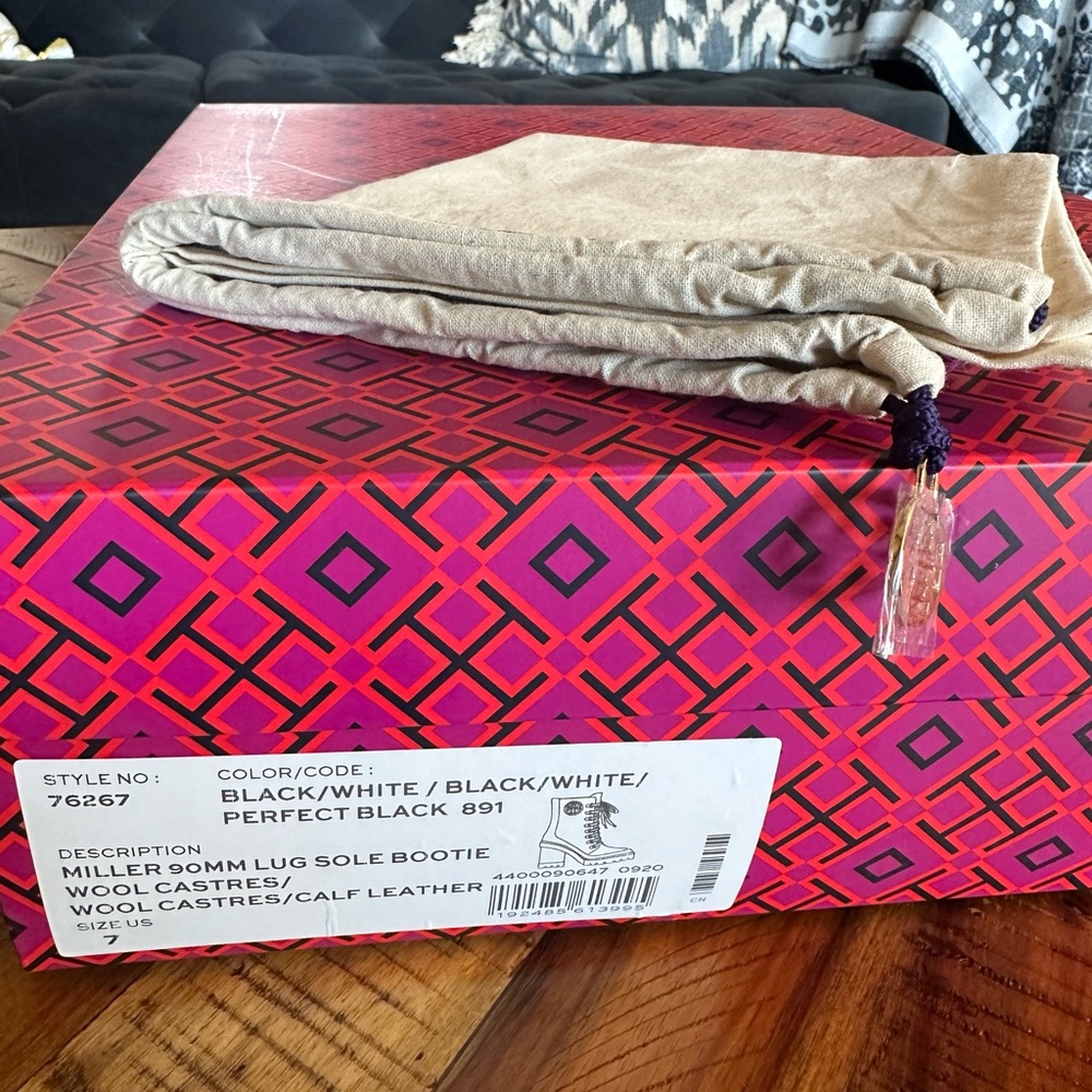 Tory Burch Black & White Tweed Lace-Up Combat Boot - Picture 6 of 7